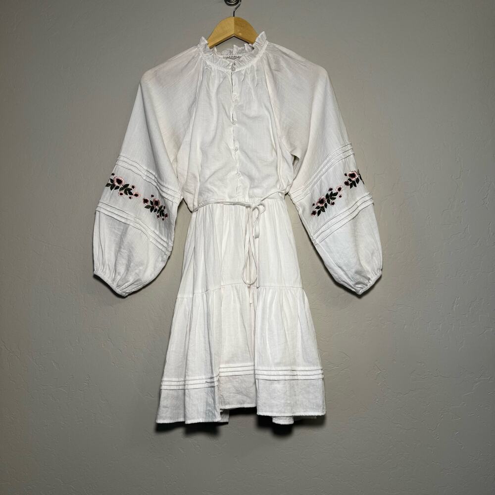 Storia Women's Babydoll Short Embroidered Puff Sleeve Boho White Dress Size S